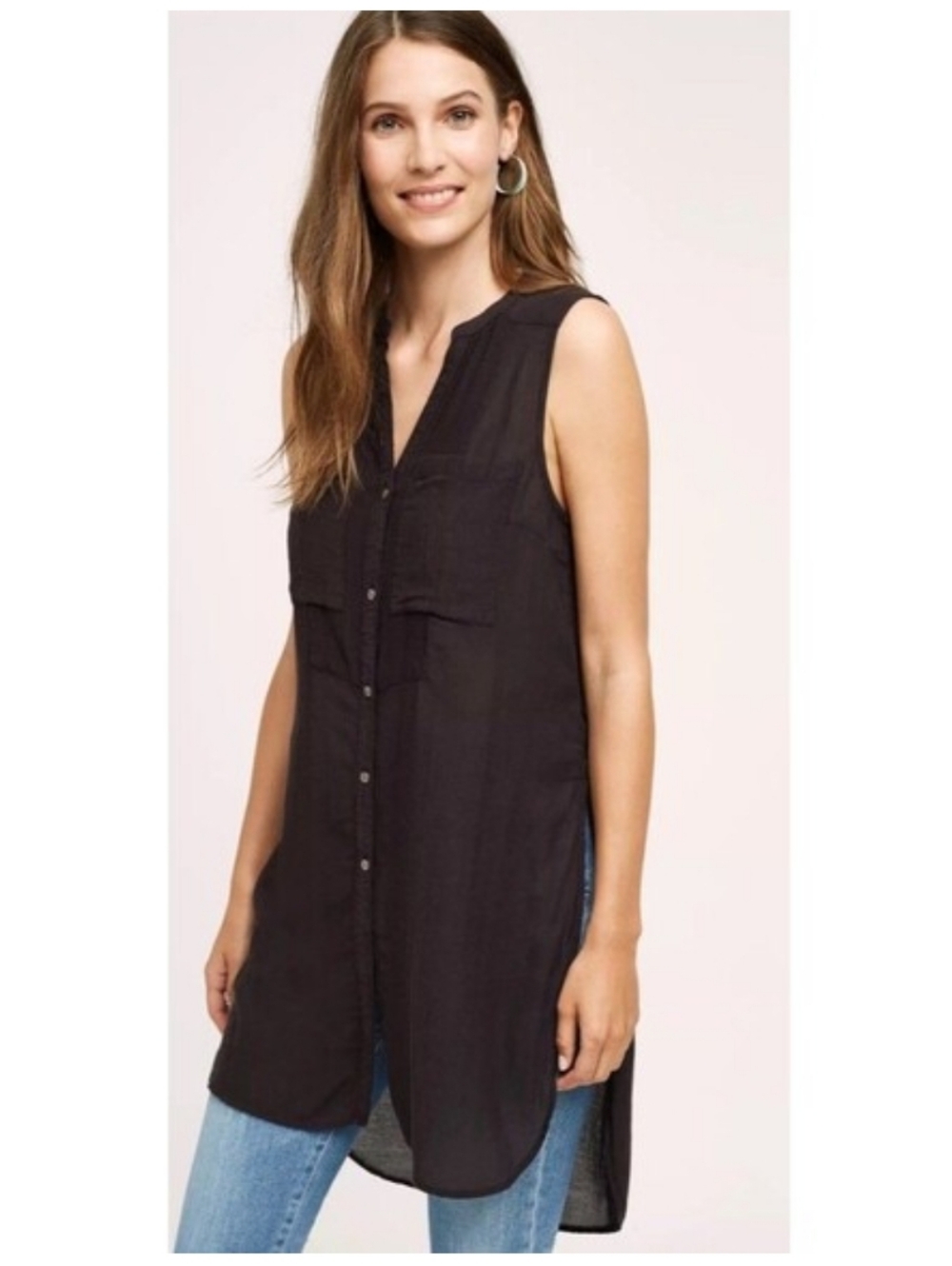 Anthropologie HOLDING HORSES Black Sleeveless Button-Front Tunic Sheer Size 6